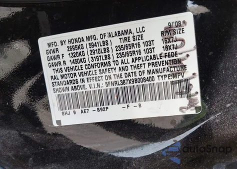 2009 Honda Odyssey Ex-L from USA, damaged, VIN 5FNRL387X9B008400